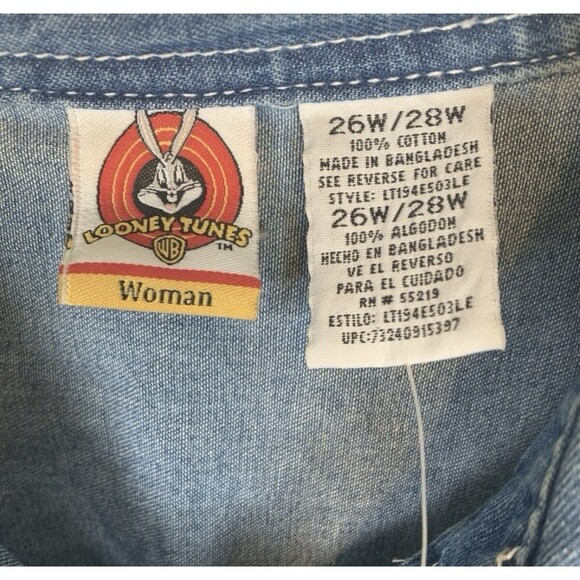 Warner Bro Looney-Tunes 1998 Chambray Embroidered Denim Button Up Shirt 26W/28W - Picture 4 of 9